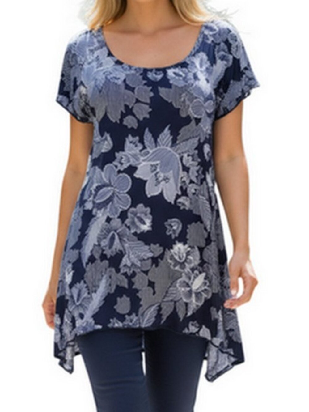 NWT Brittany Black Floral Sharkbite Hem Tunic Top Women’s Small Blue White